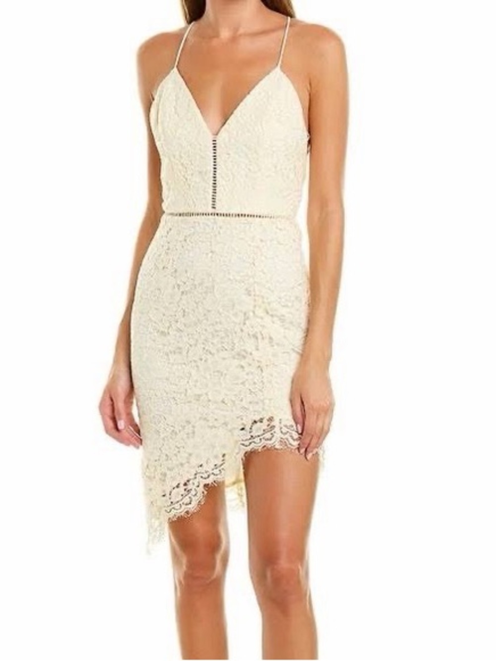 NBD Only Yours Lace Dress in Ivory striking Asymmetrical Hemline Size S NWT